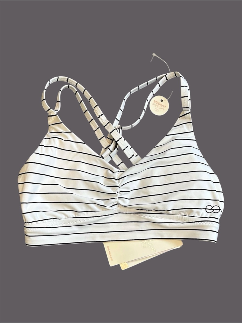 CALIA Ruched Front, Cross Back Bikini Top - Black & White Striped - NWT